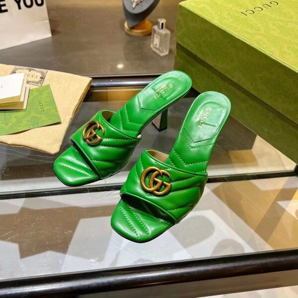 Gucci Women GG Double G Slide Sandal Emerald Green Chevron Matelassé Leather 7.6 cm Heel (11)