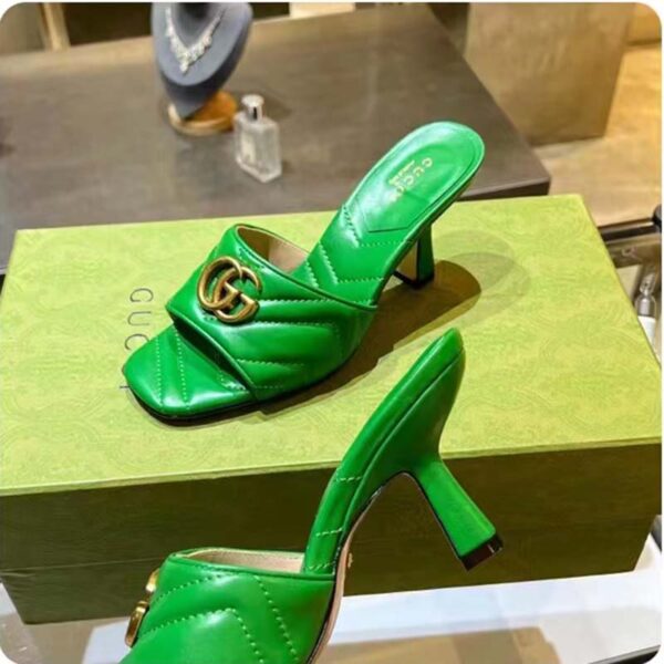 Gucci Women GG Double G Slide Sandal Emerald Green Chevron Matelassé Leather 7.6 cm Heel (2)