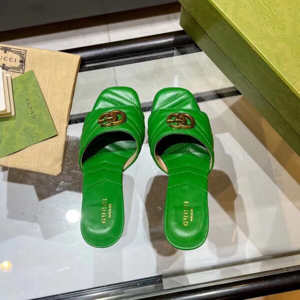 Gucci Women GG Double G Slide Sandal Emerald Green Chevron Matelassé Leather 7.6 cm Heel (6)