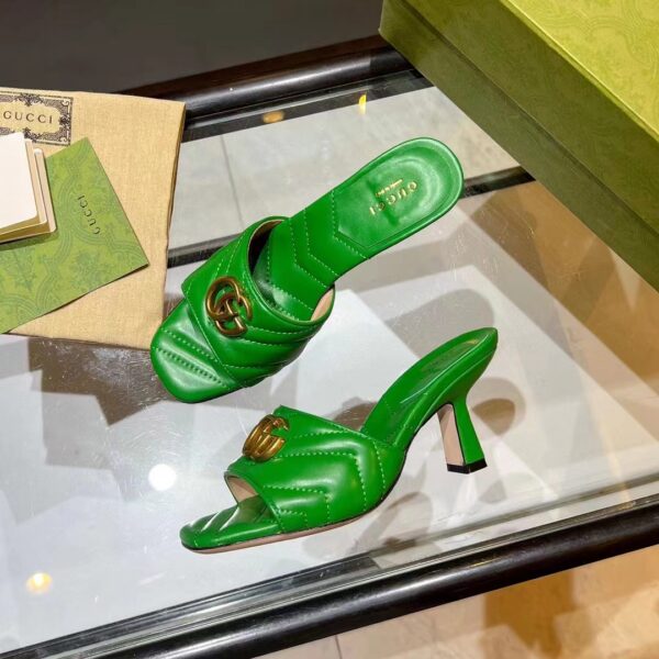 Gucci Women GG Double G Slide Sandal Emerald Green Chevron Matelassé Leather 7.6 cm Heel (7)
