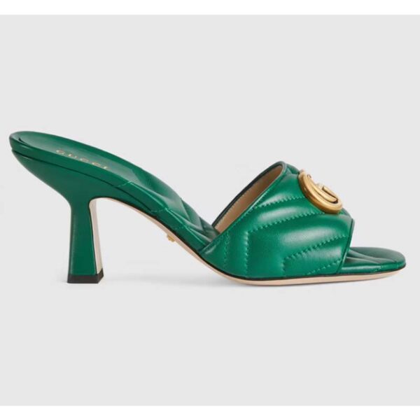 Gucci Women GG Double G Slide Sandal Emerald Green Chevron Matelassé Leather 7.6 cm Heel (8)