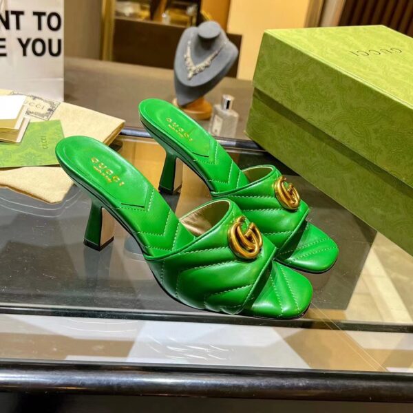 Gucci Women GG Double G Slide Sandal Emerald Green Chevron Matelassé Leather 7.6 cm Heel (9)