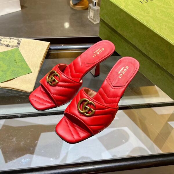 Gucci Women GG Double G Slide Sandal Red Chevron Matelassé Leather 7.6 cm Heel (1)