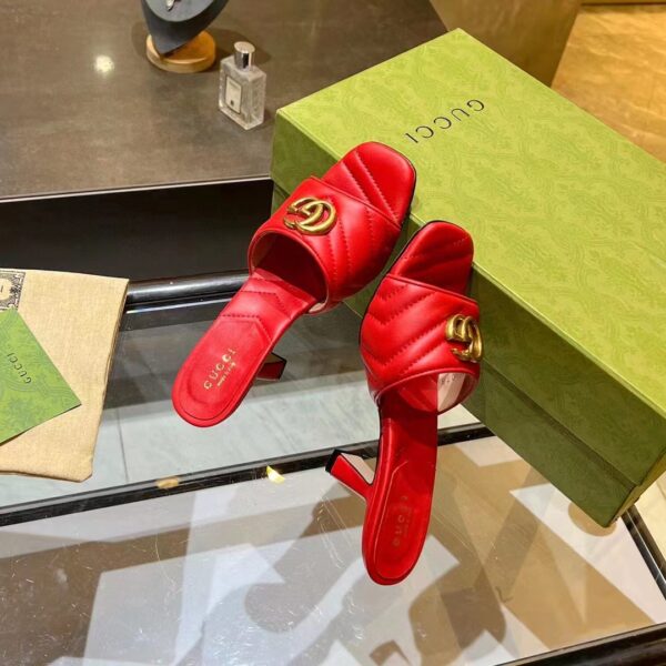 Gucci Women GG Double G Slide Sandal Red Chevron Matelassé Leather 7.6 cm Heel (10)