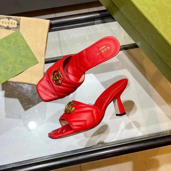 Gucci Women GG Double G Slide Sandal Red Chevron Matelassé Leather 7.6 cm Heel (11)