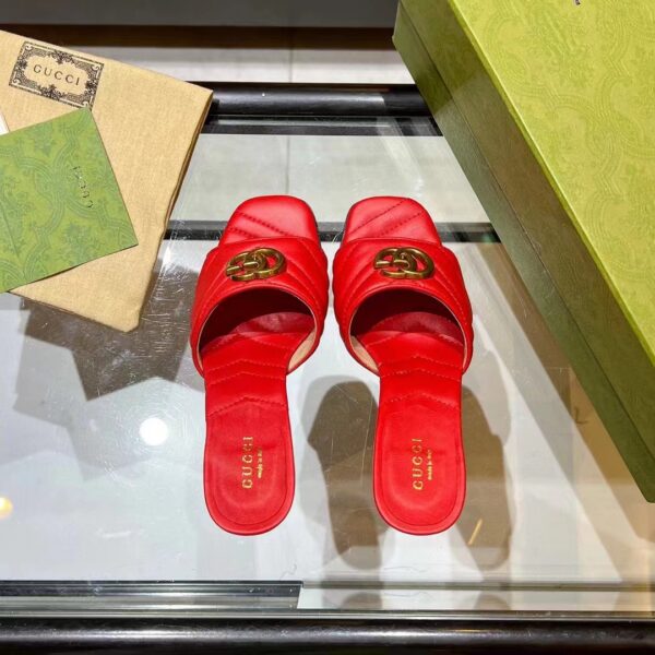 Gucci Women GG Double G Slide Sandal Red Chevron Matelassé Leather 7.6 cm Heel (2)
