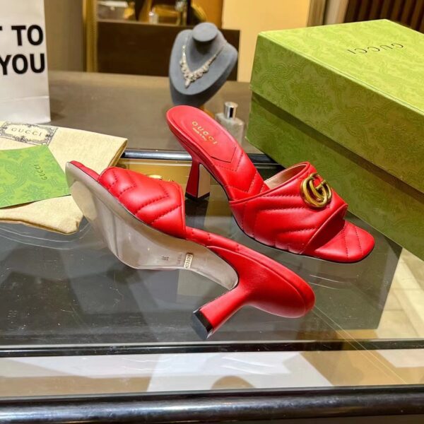 Gucci Women GG Double G Slide Sandal Red Chevron Matelassé Leather 7.6 cm Heel (4)