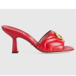 Gucci Women GG Double G Slide Sandal Red Chevron Matelassé Leather 7.6 cm Heel