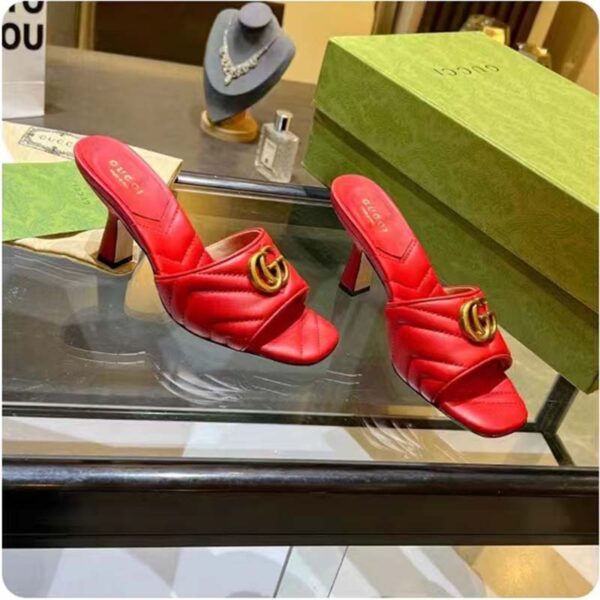 Gucci Women GG Double G Slide Sandal Red Chevron Matelassé Leather 7.6 cm Heel (6)