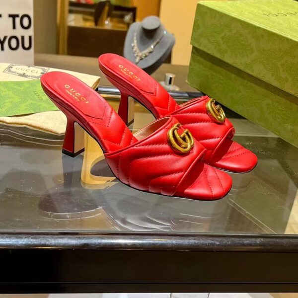 Gucci Women GG Double G Slide Sandal Red Chevron Matelassé Leather 7.6 cm Heel (7)