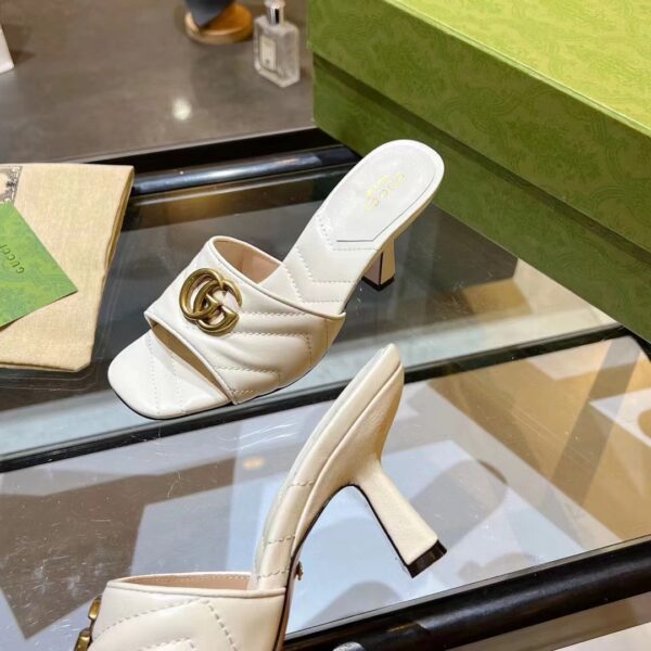 Gucci Women GG Double G Slide Sandal White Chevron Matelassé Leather 7.6 cm Heel (1)