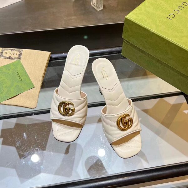 Gucci Women GG Double G Slide Sandal White Chevron Matelassé Leather 7.6 cm Heel (10)