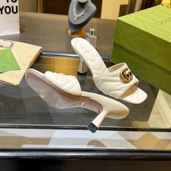 Gucci Women GG Double G Slide Sandal White Chevron Matelassé Leather 7.6 cm Heel (11)