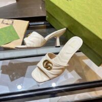 Gucci Women GG Double G Slide Sandal White Chevron Matelassé Leather 7.6 cm Heel (9)