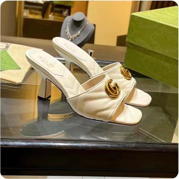 Gucci Women GG Double G Slide Sandal White Chevron Matelassé Leather 7.6 cm Heel (4)