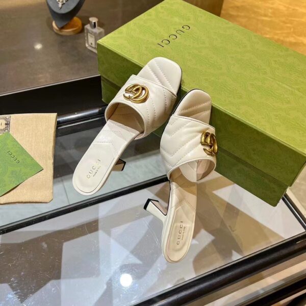 Gucci Women GG Double G Slide Sandal White Chevron Matelassé Leather 7.6 cm Heel (5)