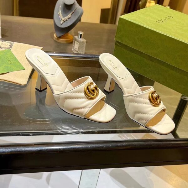 Gucci Women GG Double G Slide Sandal White Chevron Matelassé Leather 7.6 cm Heel (6)