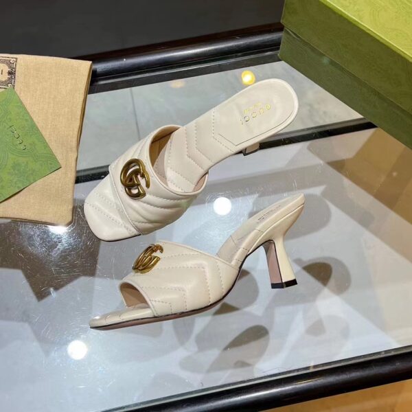 Gucci Women GG Double G Slide Sandal White Chevron Matelassé Leather 7.6 cm Heel (8)