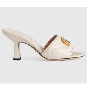 Gucci Women GG Double G Slide Sandal White Chevron Matelassé Leather 7.6 cm Heel