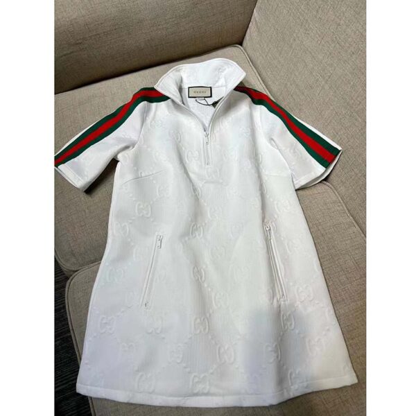 Gucci Women GG Jersey Jacquard Dress White High Neck Polyester Green Red Web (10)
