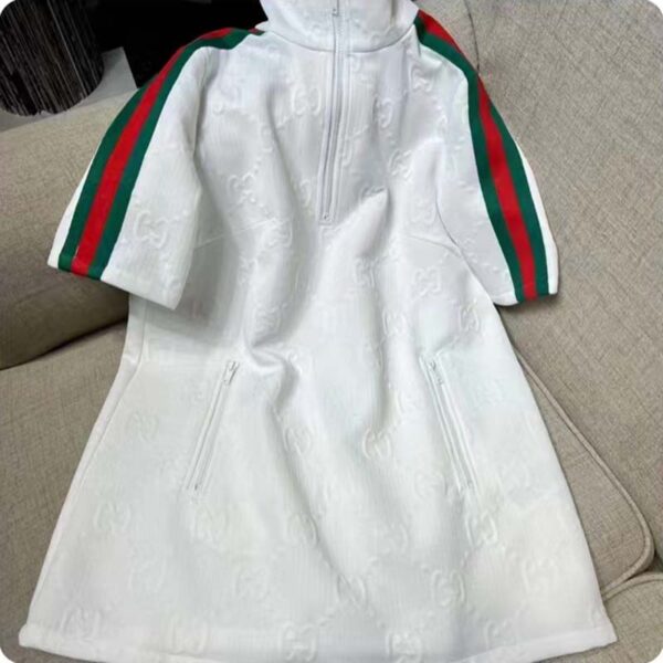 Gucci Women GG Jersey Jacquard Dress White High Neck Polyester Green Red Web (3)