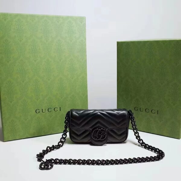 Gucci Women GG Marmont Belt Bag Black Chevron Matelassé Leather Double G (1)