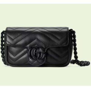 Gucci Women GG Marmont Belt Bag Black Chevron Matelassé Leather Double G