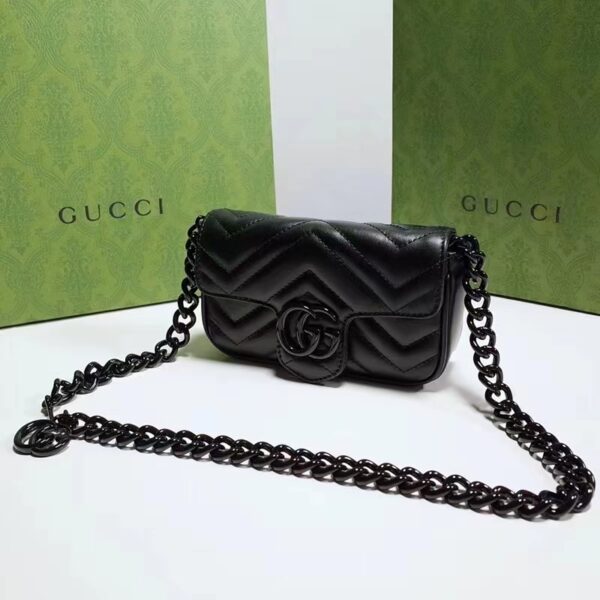 Gucci Women GG Marmont Belt Bag Black Chevron Matelassé Leather Double G (12)
