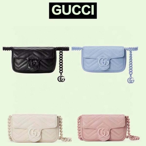 Gucci Women GG Marmont Belt Bag Black Chevron Matelassé Leather Double G (3)