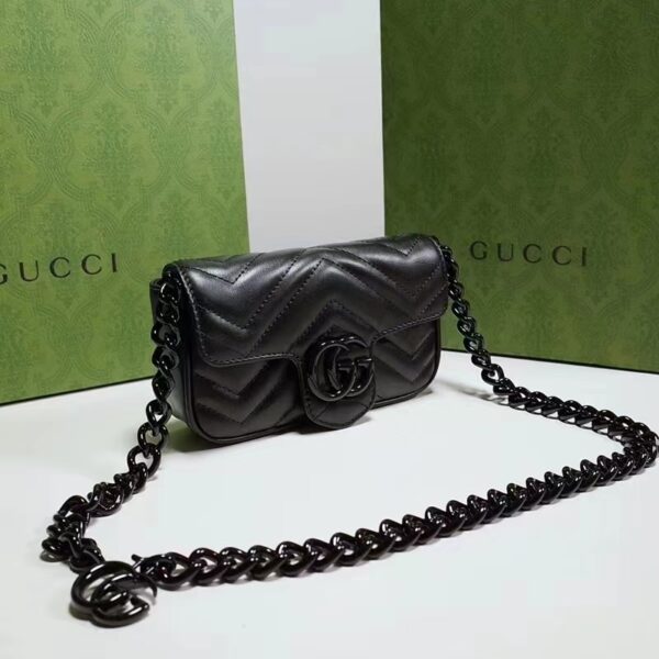 Gucci Women GG Marmont Belt Bag Black Chevron Matelassé Leather Double G (8)