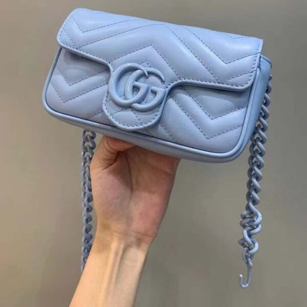 Gucci Women GG Marmont Belt Bag Blue Chevron Matelassé Leather Double G (7)
