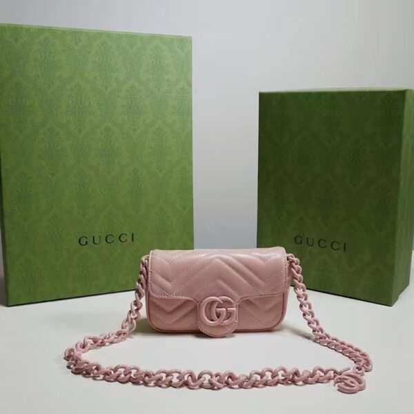 Gucci Women GG Marmont Belt Bag Pink Chevron Matelassé Leather Double G (11)