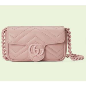 Gucci Women GG Marmont Belt Bag Pink Chevron Matelassé Leather Double G