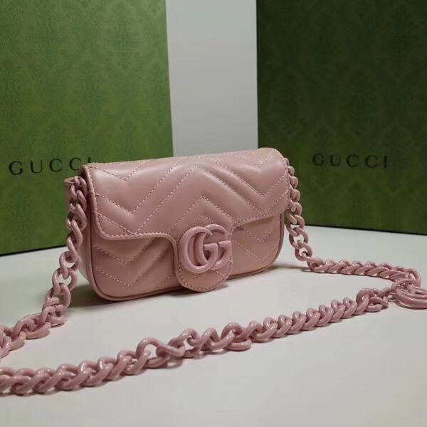 Gucci Women GG Marmont Belt Bag Pink Chevron Matelassé Leather Double G (6)