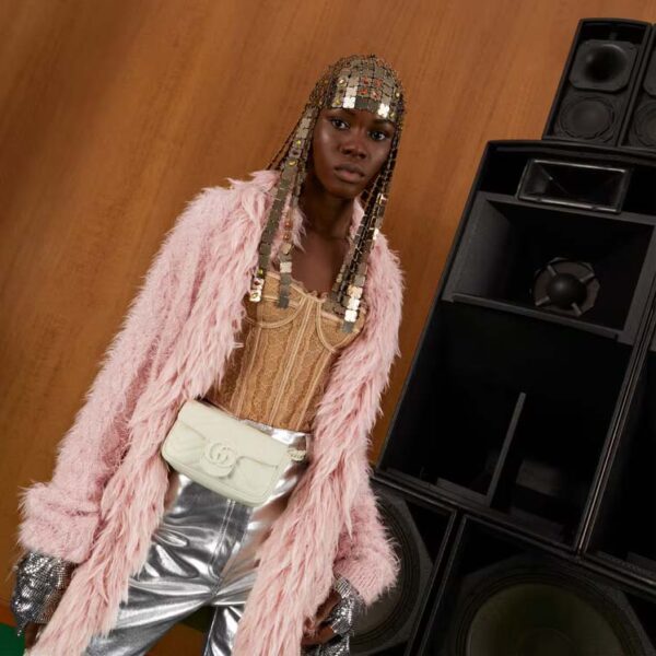 Gucci Women GG Marmont Belt Bag White Chevron Matelassé Leather Double G
