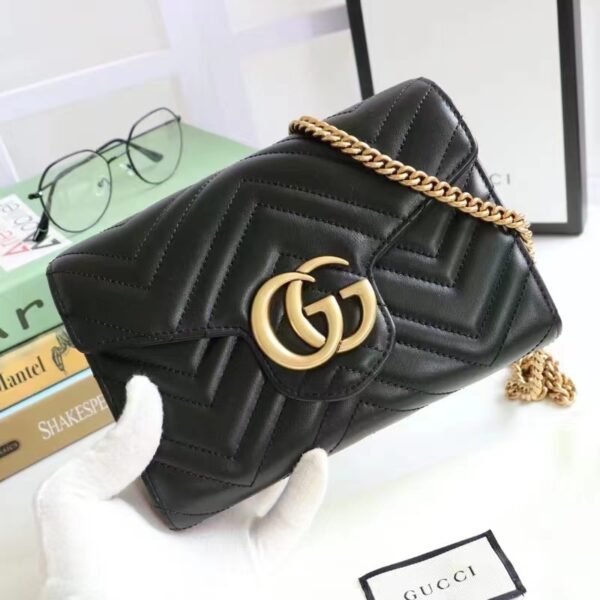 Gucci Women GG Marmont Matelassé Mini Bag Black Chevron Leather Double G (4)