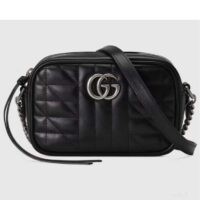 Gucci Women GG Marmont Mini Shoulder Bag Black Matelassé Leather Double G (10)