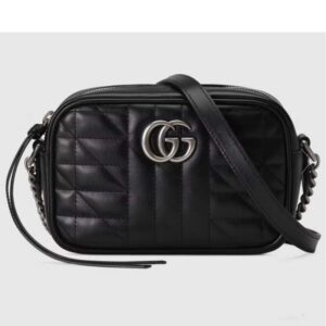Gucci Women GG Marmont Mini Shoulder Bag Black Matelassé Leather Double G