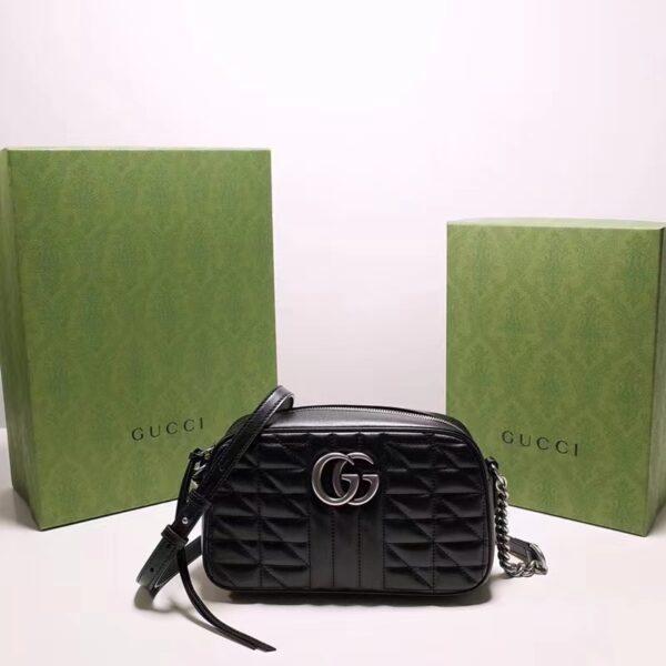 Gucci Women GG Marmont Mini Shoulder Bag Black Matelassé Leather Double G (6)
