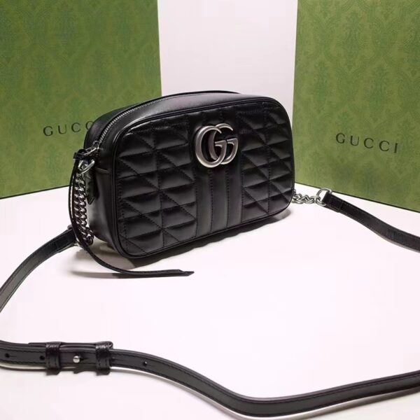 Gucci Women GG Marmont Mini Shoulder Bag Black Matelassé Leather Double G (9)
