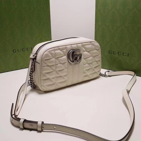 Gucci Women GG Marmont Mini Shoulder Bag White Matelassé Leather Double G (8)