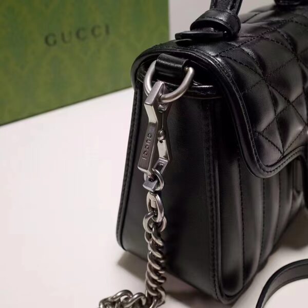 Gucci Women GG Marmont Mini Top Handle Bag Black Matelassé Leather Double G (1)