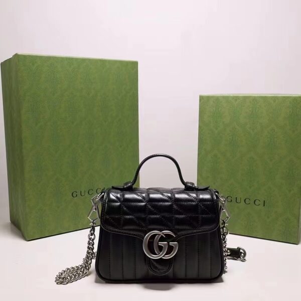 Gucci Women GG Marmont Mini Top Handle Bag Black Matelassé Leather Double G (2)