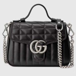 Gucci Women GG Marmont Mini Top Handle Bag Black Matelassé Leather Double G