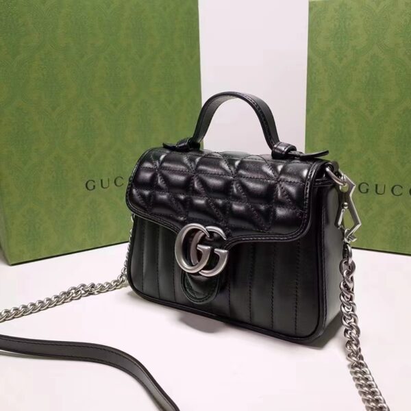 Gucci Women GG Marmont Mini Top Handle Bag Black Matelassé Leather Double G (7)