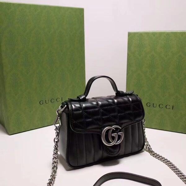 Gucci Women GG Marmont Mini Top Handle Bag Black Matelassé Leather Double G (9)