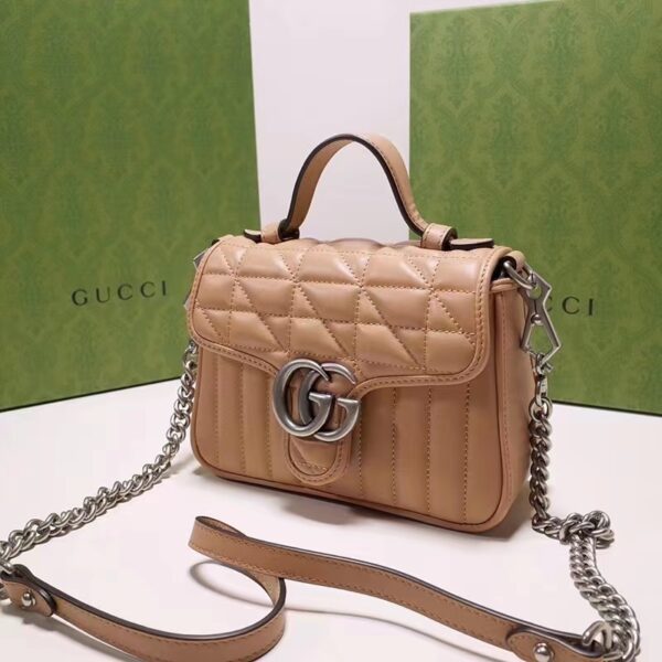 Gucci Women GG Marmont Mini Top Handle Bag Brown Matelassé Leather Double G (11)