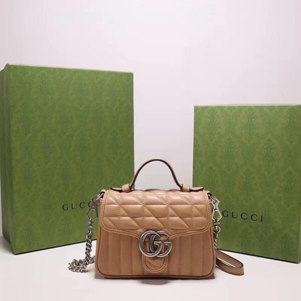 Gucci Women GG Marmont Mini Top Handle Bag Brown Matelassé Leather Double G (4)