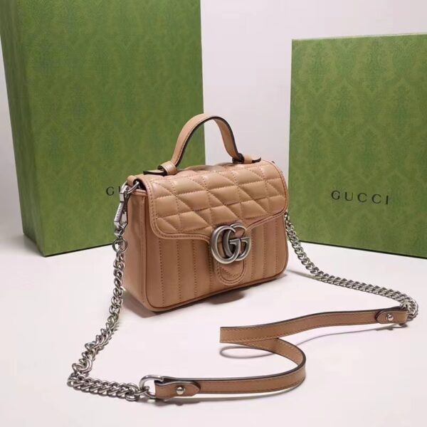 Gucci Women GG Marmont Mini Top Handle Bag Brown Matelassé Leather Double G (6)