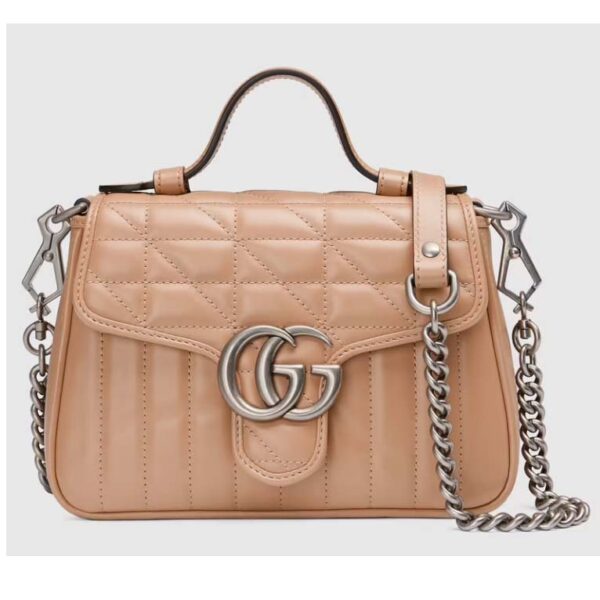 Gucci Women GG Marmont Mini Top Handle Bag Brown Matelassé Leather Double G (9)